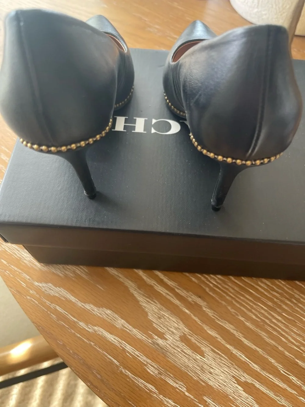 Coach Black Leather Pointed-Toe Pumps with Gold Stud Trim - Picture 3 of 4